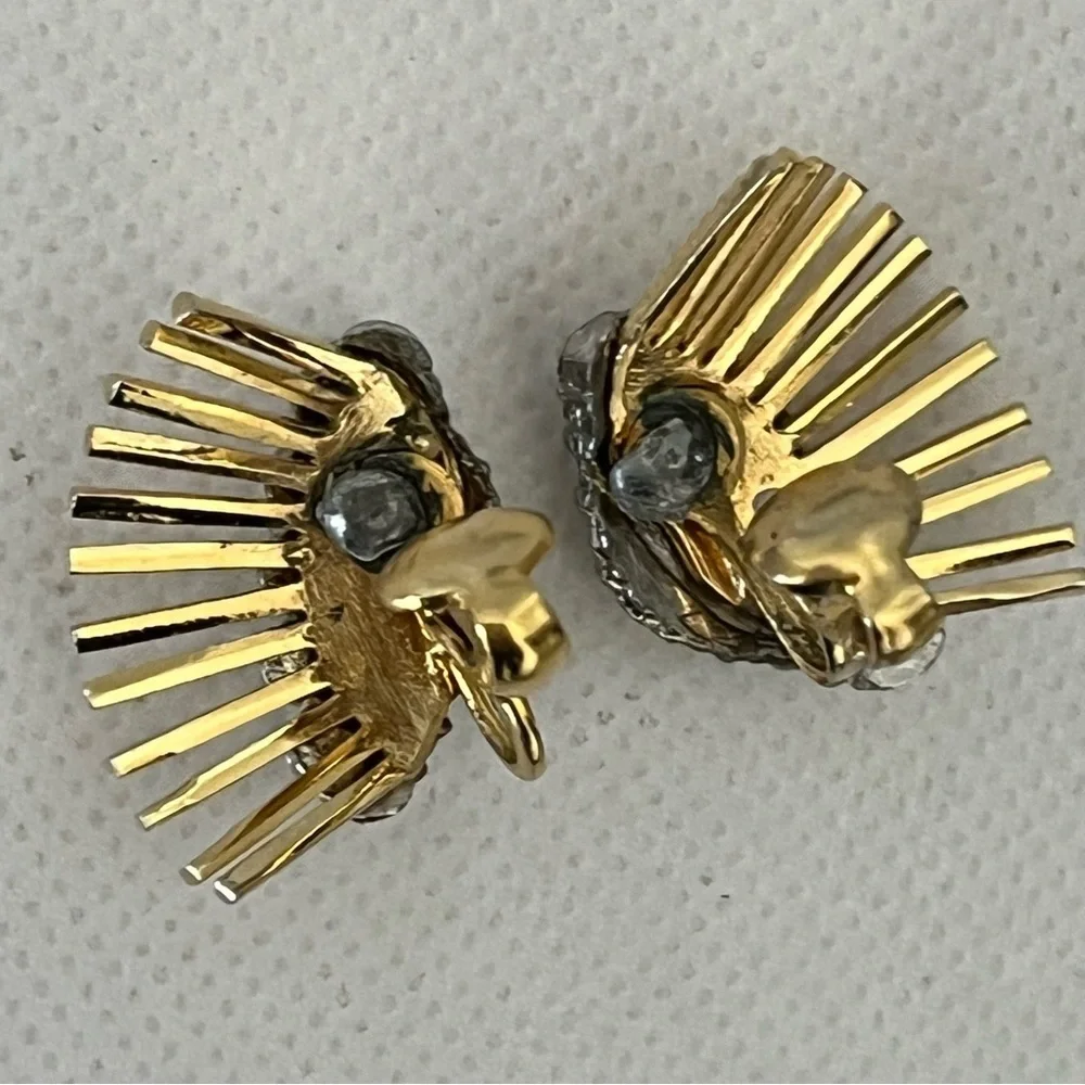 Vintage Rhinestone Gold Tone Sunburst Clip On Earrings